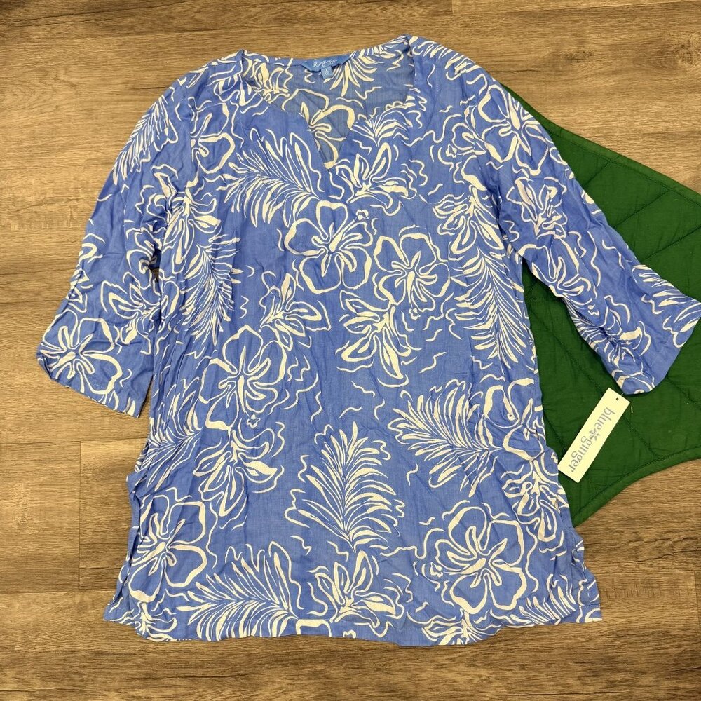 Blue Ginger Hawaii Womens Large Blue Hibiscus Floral Tunic Top 3/4 Sleeves Aloha